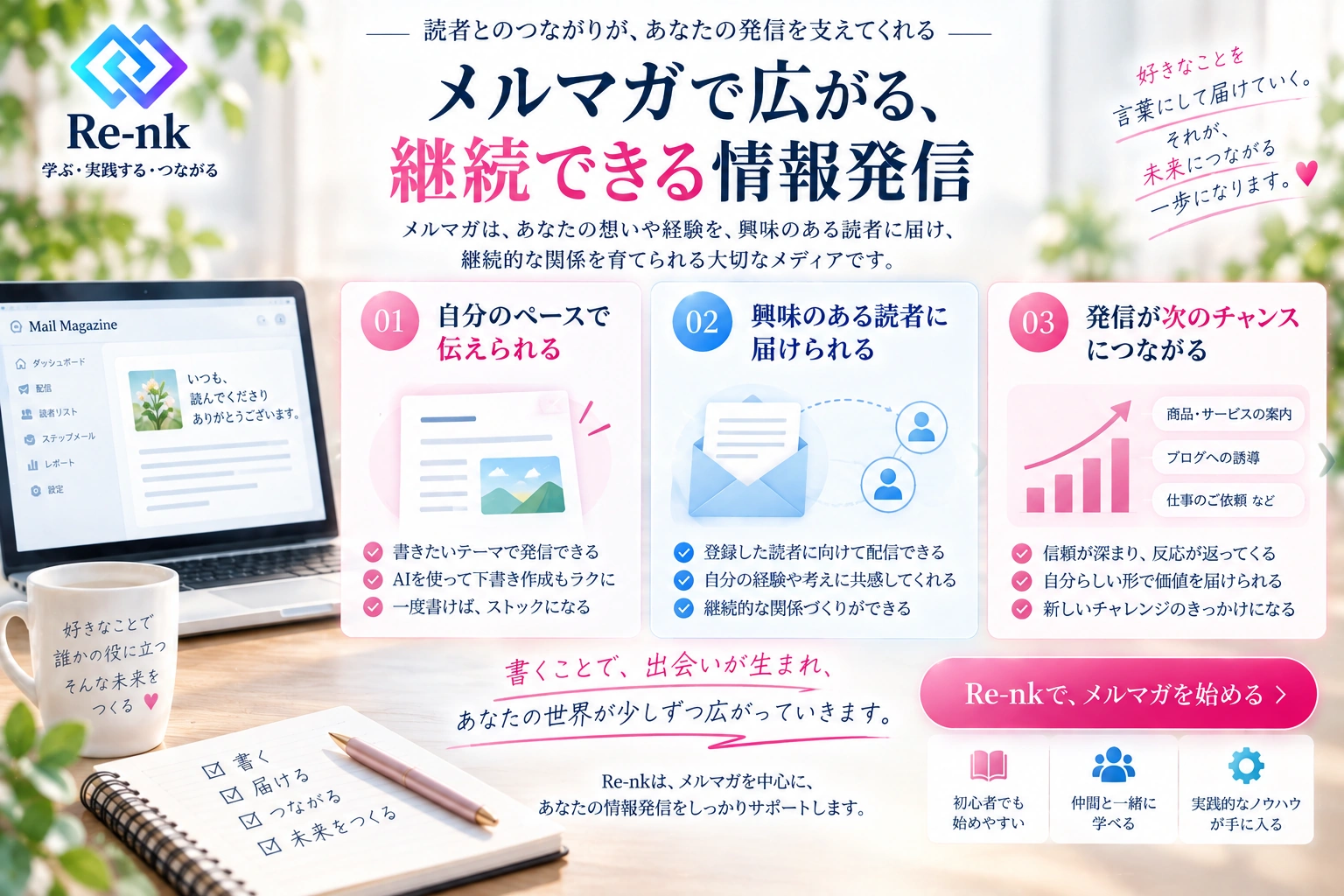 メルマガで自分のペースを生かして伝え、登録した読者に向けて配信し、発信を次の機会につなげる三つの特徴。