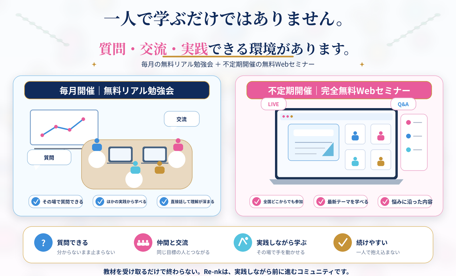 毎月開催の無料リアル勉強会と、不定期開催の無料Webセミナー。質問、交流、実践できる学びの場。
