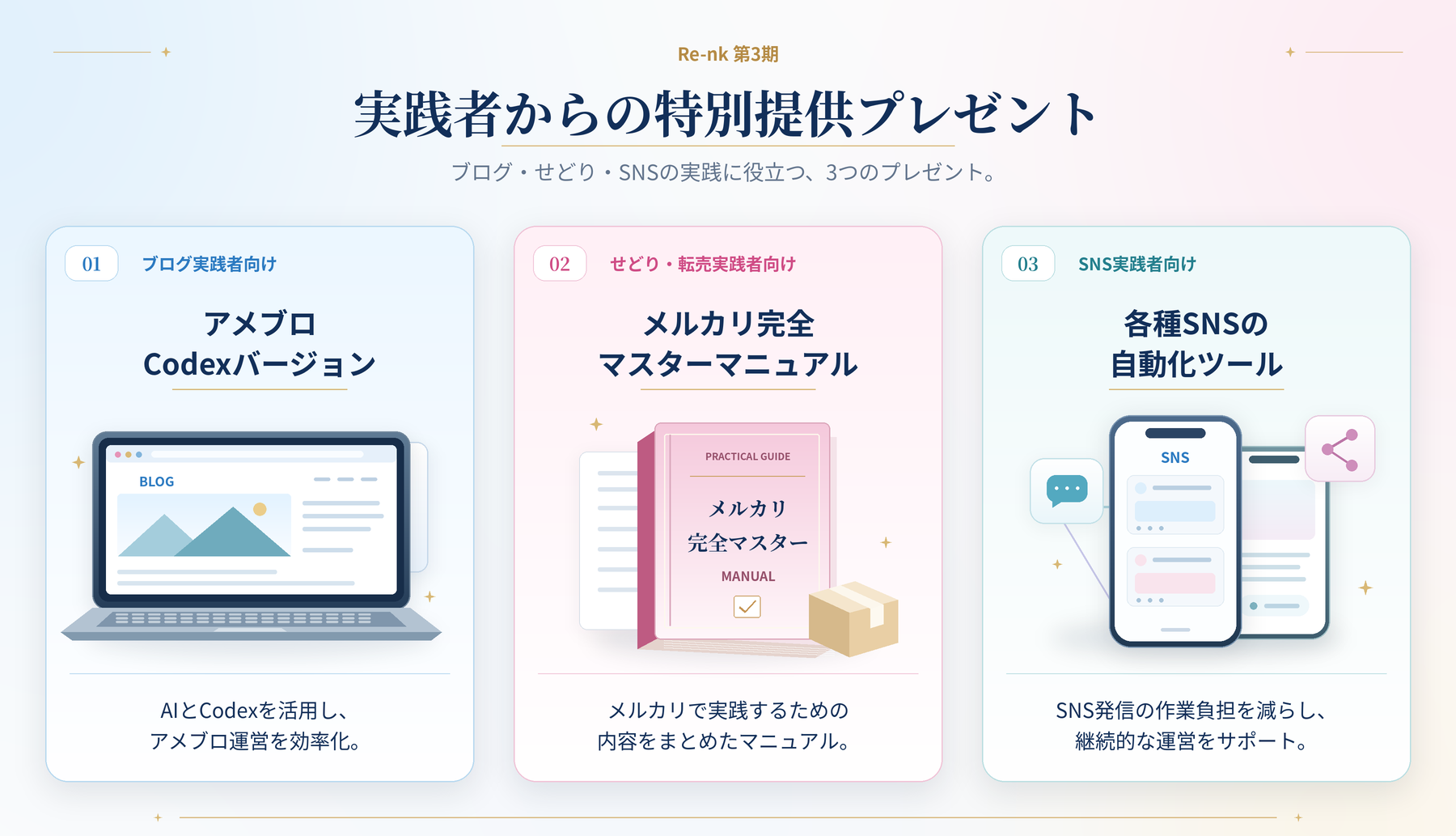 ブログ向けのアメブロCodexバージョン、せどり・転売向けのメルカリ完全マスターマニュアル、SNS実践者向けの自動化ツール。